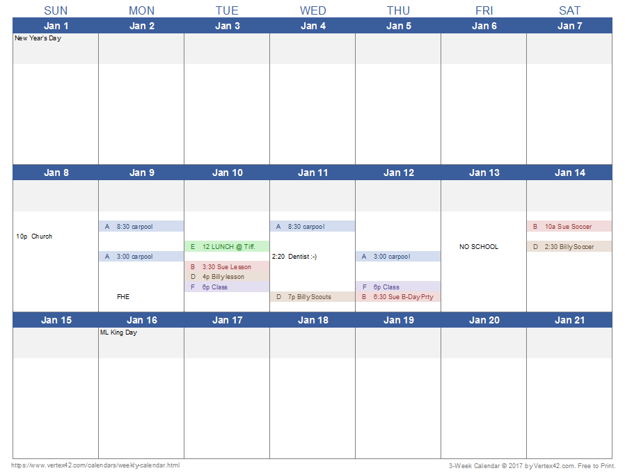 3 week calendar template for project management