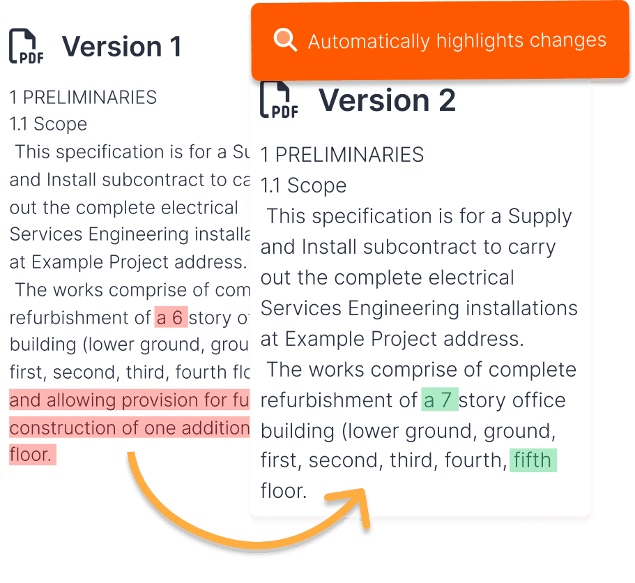 Side-by-side PDF specification comparison with colour-coded changes