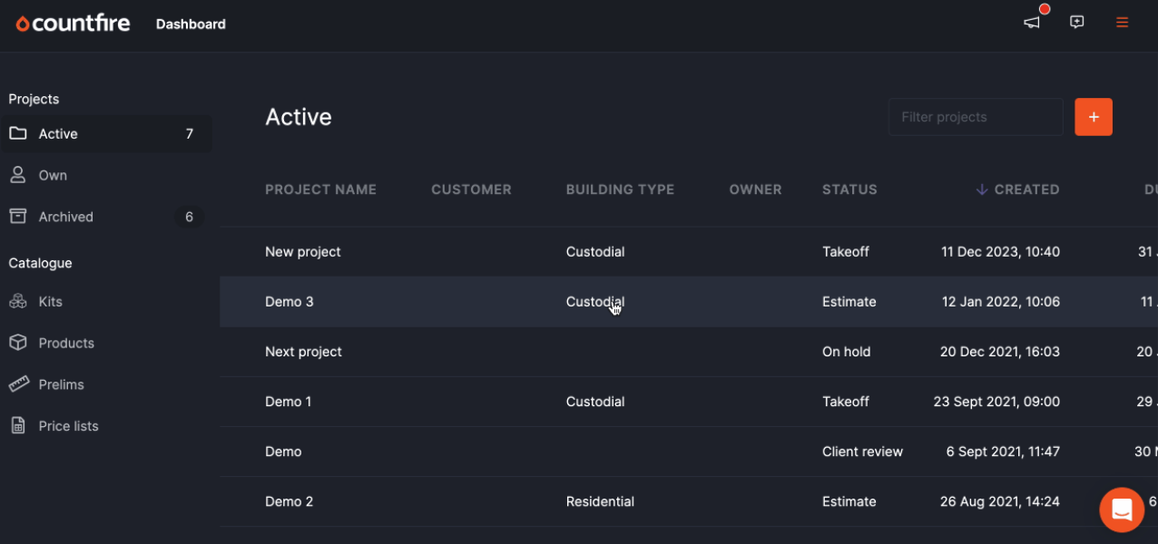 Every project stored in the cloud in Countfire